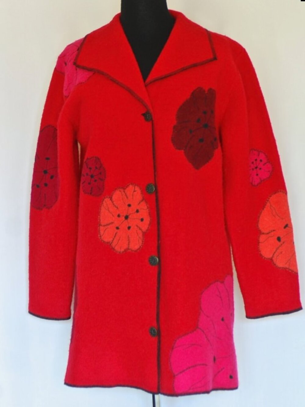 Artsy Wool Coat With Integrated Floral Appliques - USA
